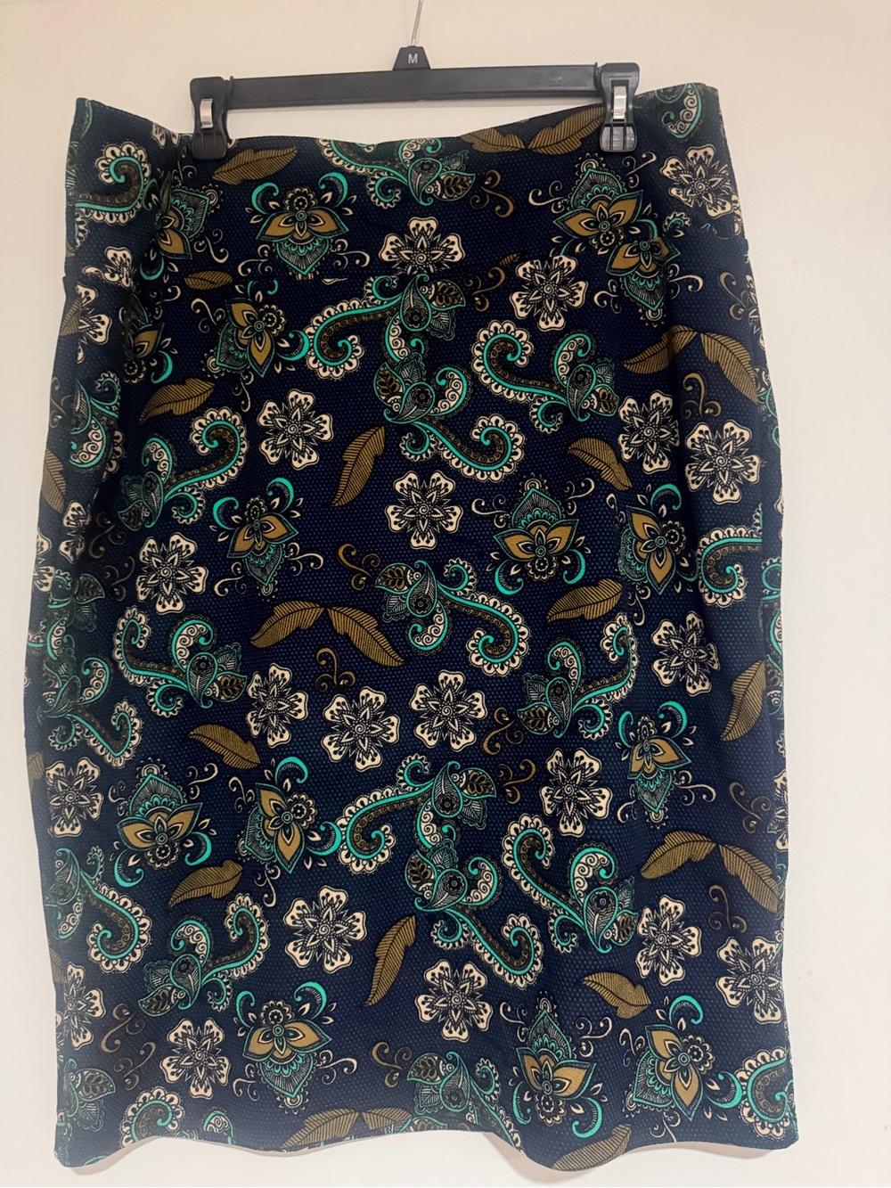 LuluRoe Women's Navy Floral Pencil Skirt - Teal, Beige & Gold Pattern